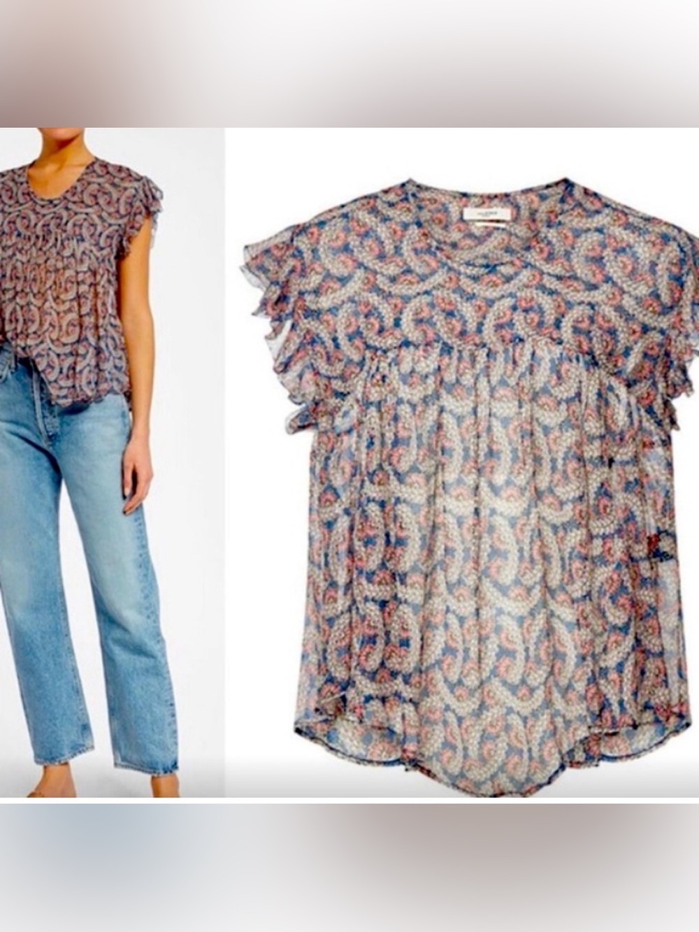 Isabel Marant Étoile Silk Paisley Ruffle Blouse Pink Blue | Size 40 (US 8)
